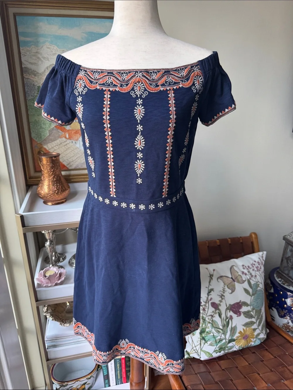 Tory Burch Navy Embroidered Off-Shoulder Dress with Coral and White Accents